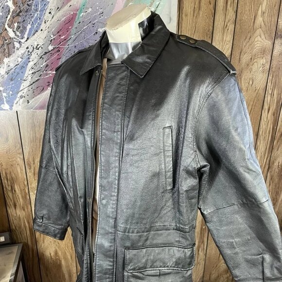 🎁 Greg Bell Vintage Black Leather Jacket Coat Mens XXL Zip Front - Picture 2 of 3